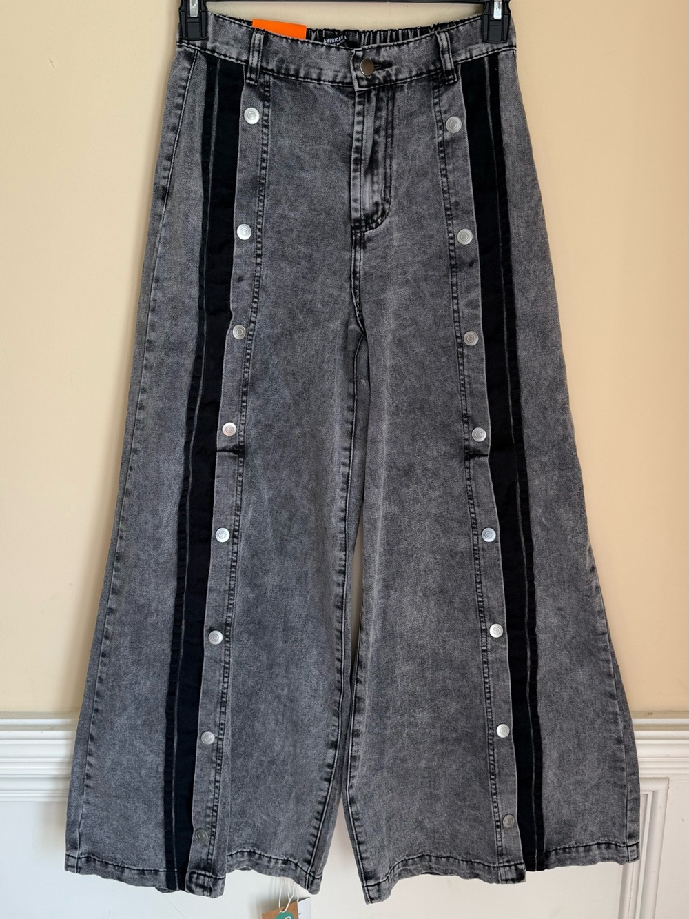 American Bazi Super Wide-Leg Cargo Jeans‎ Size Small in Acid Black Gray/Black